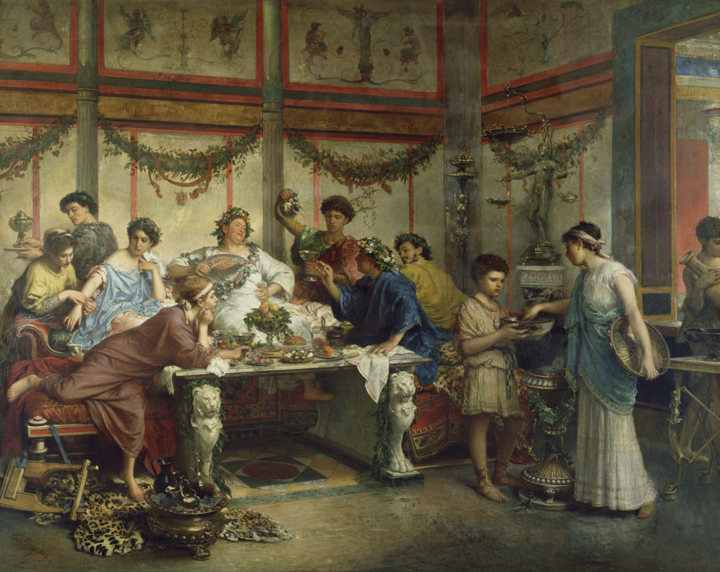 A Roman Feast; Roberto Bompiani (Italian (Roman), 1821 - 1908); late 19th century; Oil on canvas; 127 x 163.8 cm (50 x 64 1/2 in.); 72.PA.4