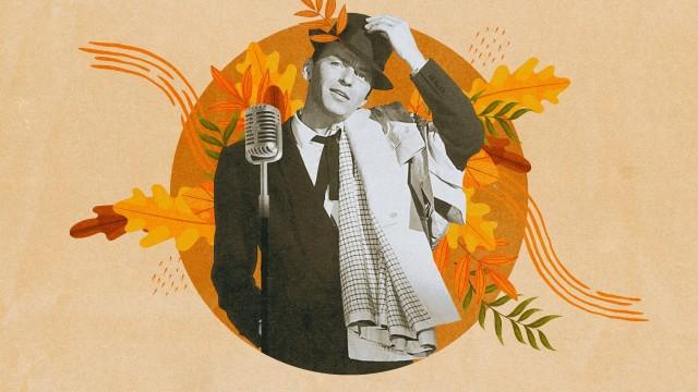 Lumière Series: ilustración retro de Frank Sinatra con sombrero y micrófono, sobre un fondo beige con elementos naranjas.